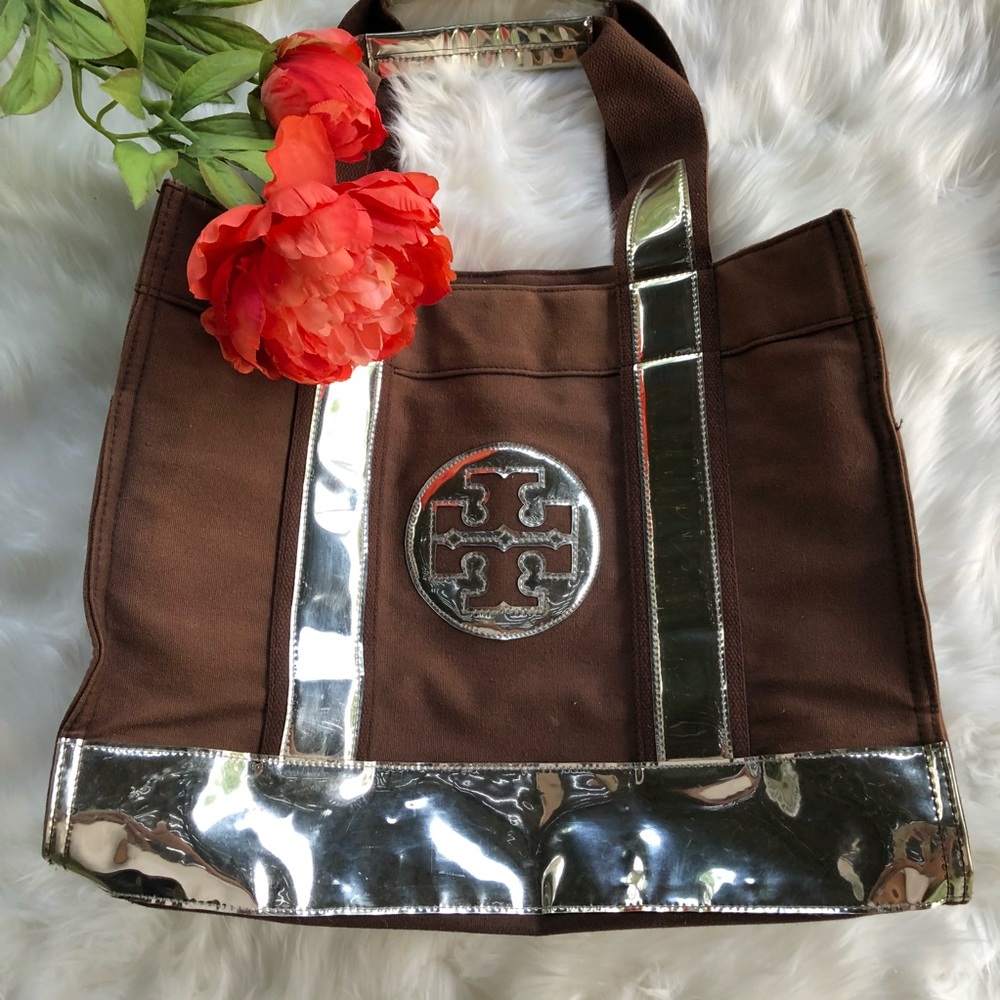 Tory Burch Canvas Patient Leather Tory Tote